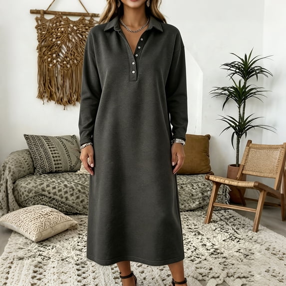 Women Polo Sweatshirt Button Placket Long Dress, Drop Shoulder Long Sleeve Loose Solid Color Casual Midi Dress XL