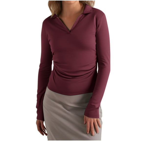Women Polo Tshirts Long Sleeve Slim Shirts Vneck Basic Tee Blouses Pullver Tops Polos Business