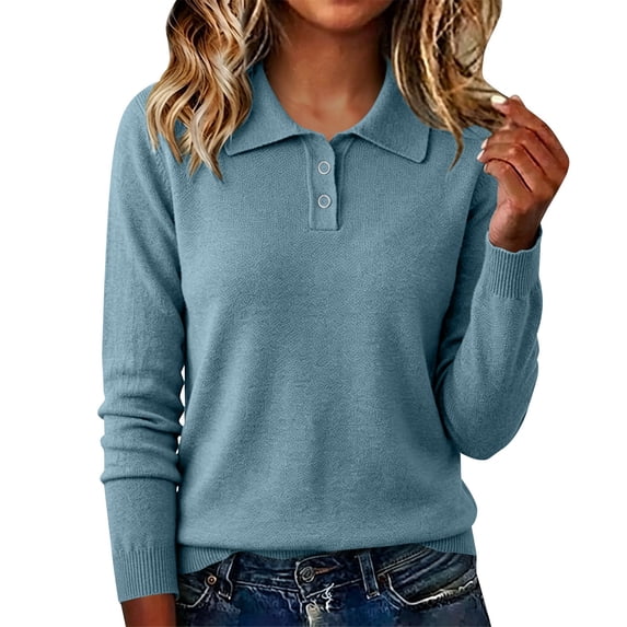 Women Polo V Neck Lightweight Warm Fall Sweaters Long Sleeve Collared Lapel Pullover,Basic Knit Business Casual Work Office Top,2026 Fall Trendy Cozy Fashion Outfits,Dressy Cute Clothing Light Blue