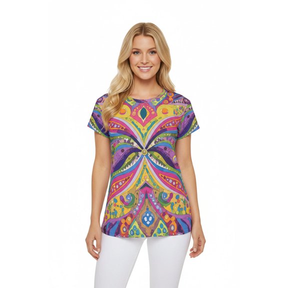 Women Poly Span T-Shirt with Abstract Design Print