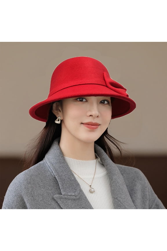 Women Polyester Church Cloche Flapper Hat Lady Bucket Winter Flower Cap Red One Size