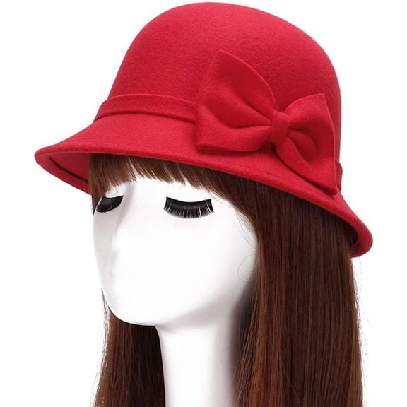 Women Polyester Church Cloche Flapper Hat Lady Round Dome Bucket Hat Winter Elegant Bowknot Cap