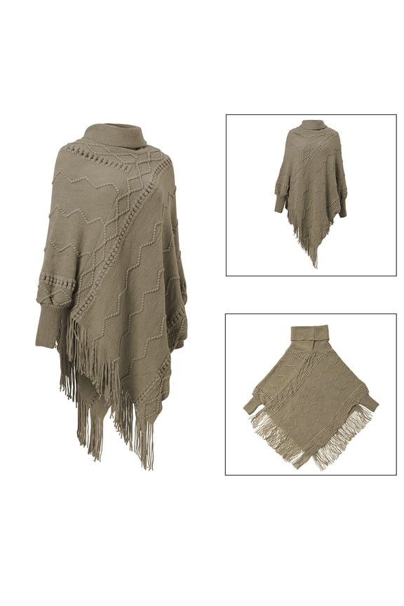 Women Poncho Sweater Turtleneck Solid Knit Pullover Cape Lightweight Shawl Wrap with Fringes