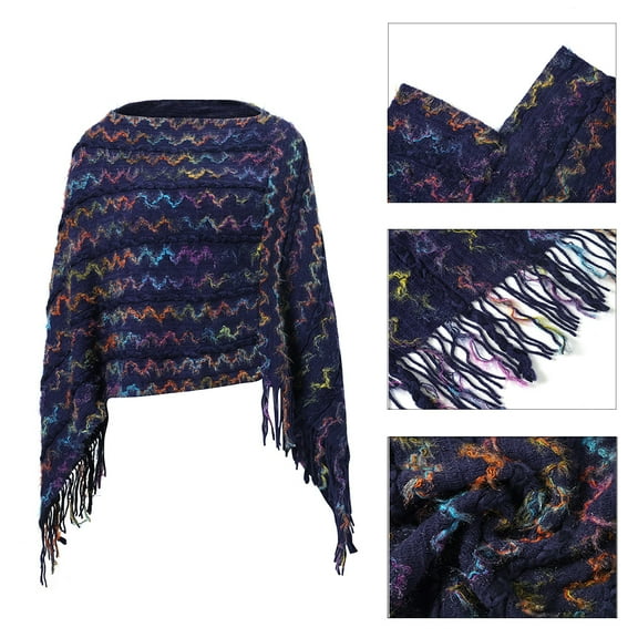 Women Poncho with Tassels Knitted Shawl Scarf Fringed Wrap Sweater Pullover Cape