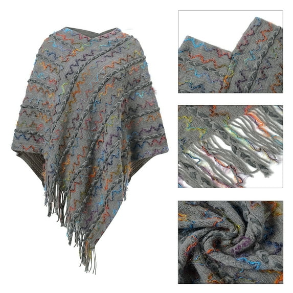 Women Poncho with Tassels Knitted Shawl Scarf Fringed Wrap Sweater Pullover Cape