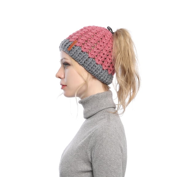Women Ponytail Beanie Winter Warm Soft Knit Messy Bun Hat,Red
