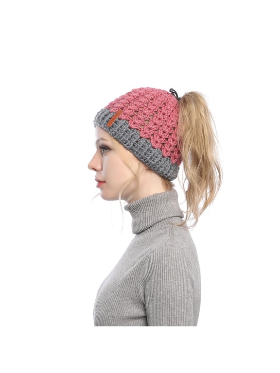 Women Ponytail Beanie Winter Warm Soft Knit Messy Bun Hat,Red