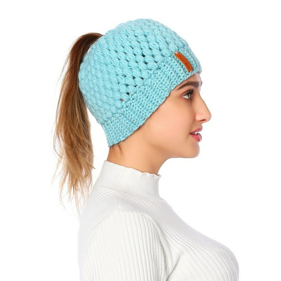 Women Ponytail Beanie Winter Warm Soft Stretchy Knit Messy Bun Hat,Blue