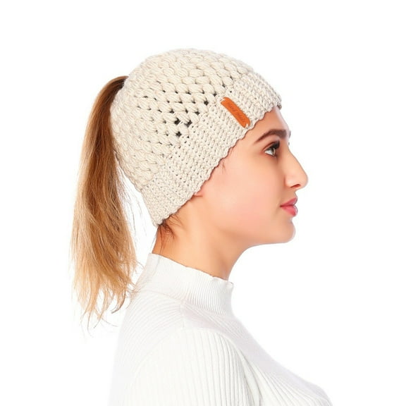Women Ponytail Beanie Winter Warm Soft Stretchy Knit Messy Bun Hat,Off-White