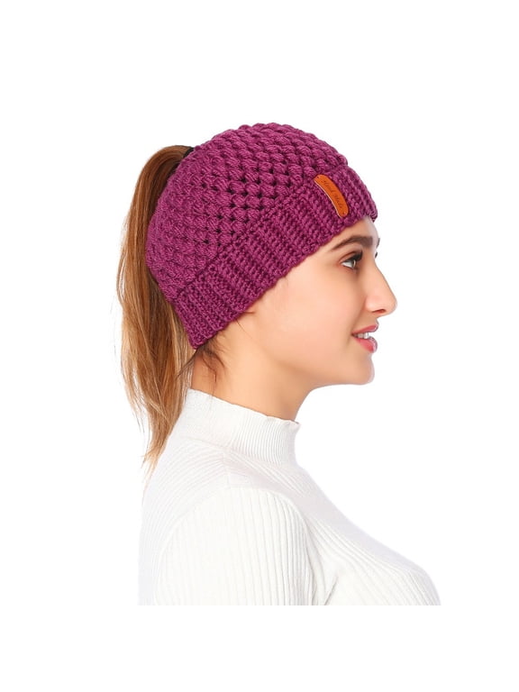 Women Ponytail Beanie Winter Warm Soft Stretchy Knit Messy Bun Hat,Purple