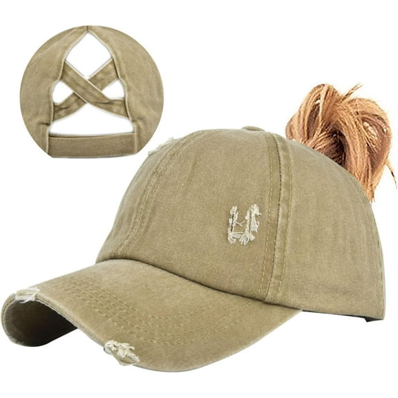 Women Ponytail Hat Baseball Cap, Adjustable Criss Cross Buns Ponycaps High Bun Cotton Distressed Dad Trucker Hats