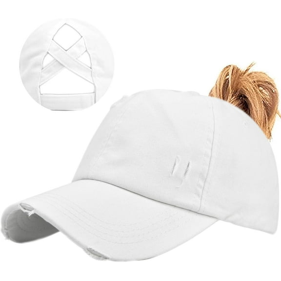 Women Ponytail Hat Baseball Cap, Adjustable Criss Cross Buns Ponycaps High Bun Cotton Distressed Dad Trucker Hats
