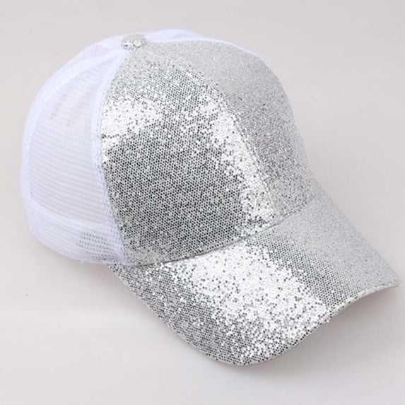 Women Ponytail Sequins Baseball Cap Messy Bun Adjustable Sparkle Sun Hat