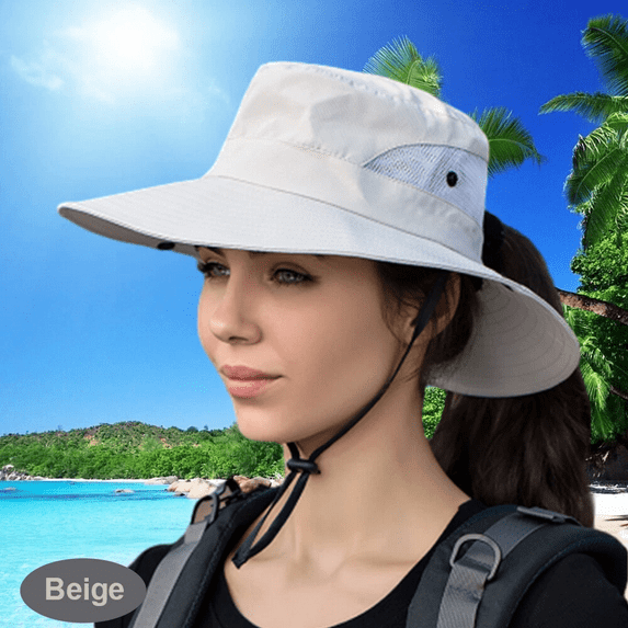 Women Ponytail Summer Sun Hat UV Protection Foldable Mesh Wide Brim Safari Fishing Cap, Beige