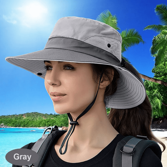 Women Ponytail Summer Sun Hat UV Protection Foldable Mesh Wide Brim Safari Fishing Cap, Gray