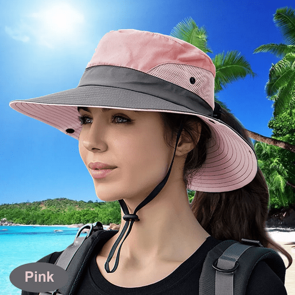 Women Ponytail Summer Sun Hat UV Protection Foldable Mesh Wide Brim Safari Fishing Cap, Pink