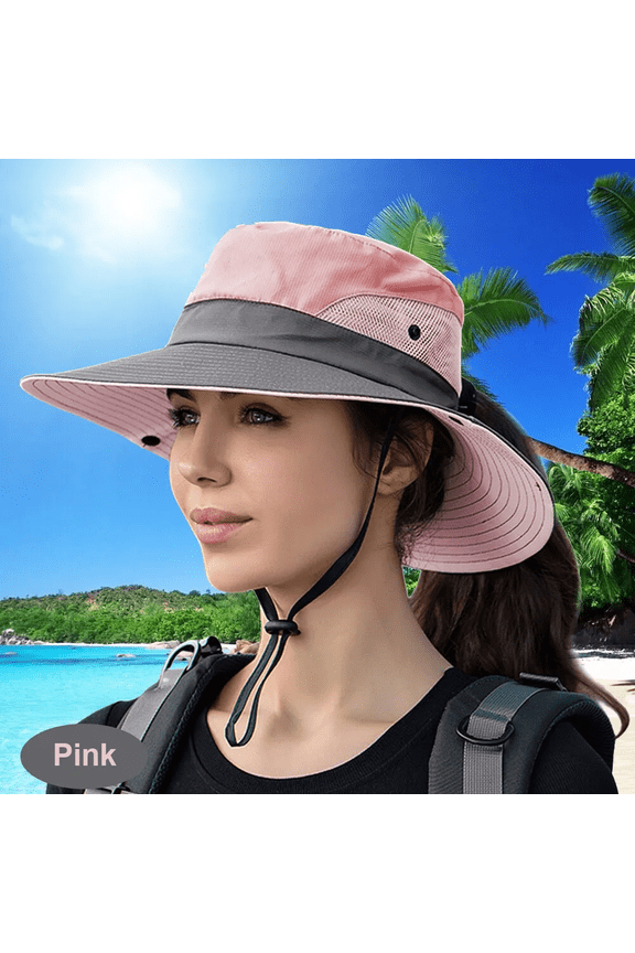 Women Ponytail Summer Sun Hat UV Protection Foldable Mesh Wide Brim Safari Fishing Cap, Pink