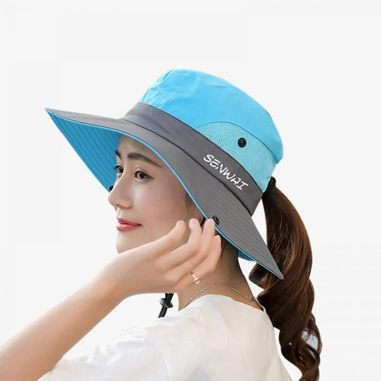 Women Ponytail Sun Hat Foldable UV Protection Mesh Bucket Hat Wide Brim  Sunshade Beach Fishing Cap With Chin Strap