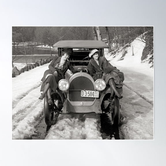 Women Posing On Automobile, 1920. Vintage Photo Poster Wall Art, Modern Wall Decor For Living Room Bedroom, 8x12 UNFRAMED