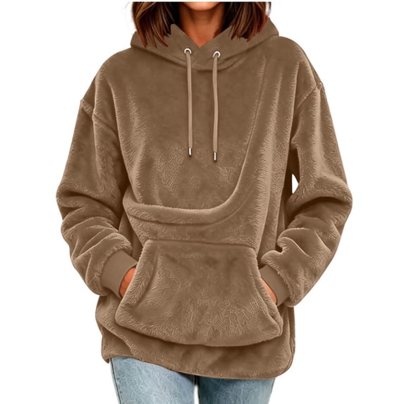 Women Pouch Hoodie Drawstring Long Sleeve Pullover Sweatshirt Large Front Carrier Pocket Loose Hooded Tops for Daily Outdoor Wear Beige M