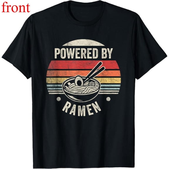 Women Powered By Ramen Graphic Comfortable T Shirt Casual Short Sleeve Round Neck Top Black S-5XL