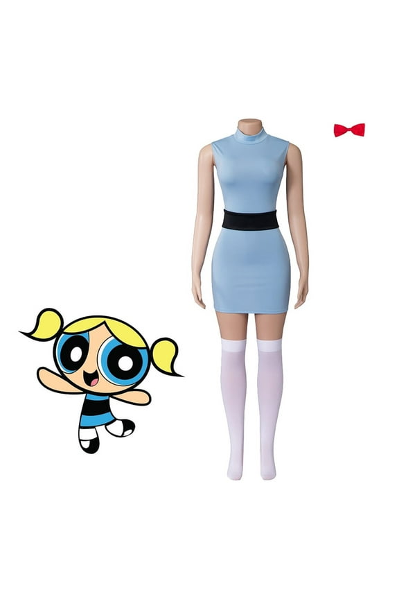 Women Powerpuff Girls Dress Set Blossom Buttercup Bubbles Dress With Belt Set Halloween Fancy Dress