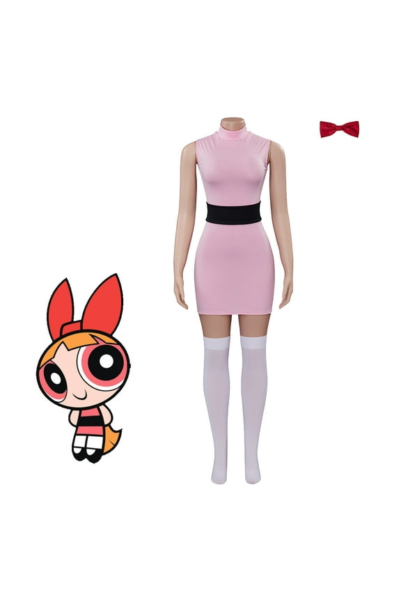 Women Powerpuff Girls Dress Set Blossom Buttercup Bubbles Dress With Belt Set Halloween Fancy Dress