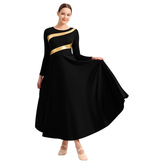 Women Praise Dance Dress Liturgical Long Sleeve Church Dancewear Metallic Costume Fit Full