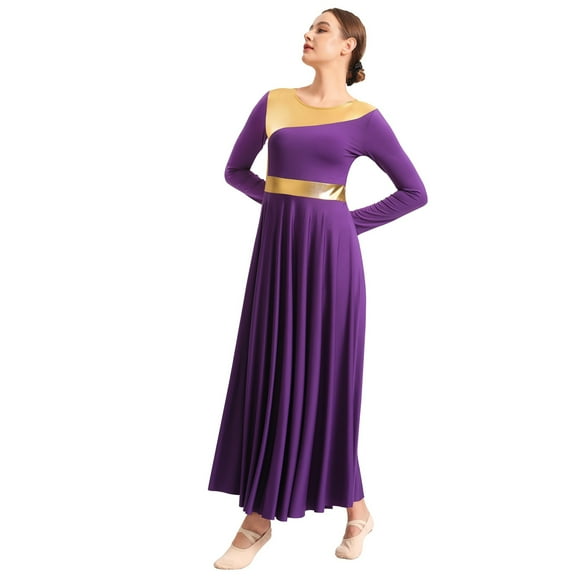 Women Praise Dance Dress Metallic Fit Full Length Liturgical Worship Costume Long Sleeve Dancewear
