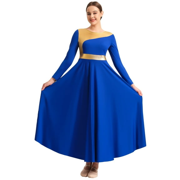 Women Praise Dance Dress Metallic Fit Full Length Liturgical Worship Costume Long Sleeve Dancewear