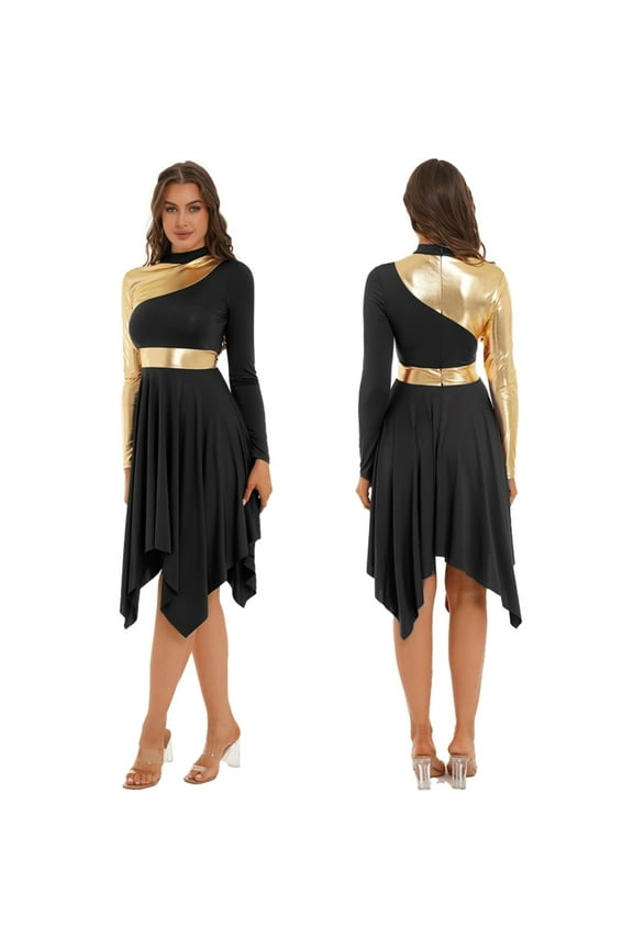 Women Praise Dance Worship Long Dress Metallic Gold Color Block Long Sleeve Stage Dancewear