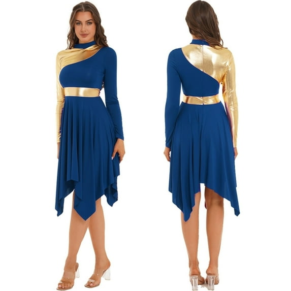Women Praise Dance Worship Long Dress Metallic Gold Color Block Long Sleeve Stage Dancewear