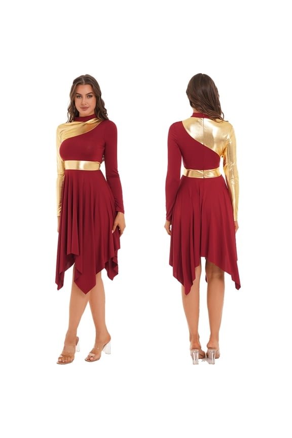 Women Praise Dance Worship Long Dress Metallic Gold Color Block Long Sleeve Stage Dancewear