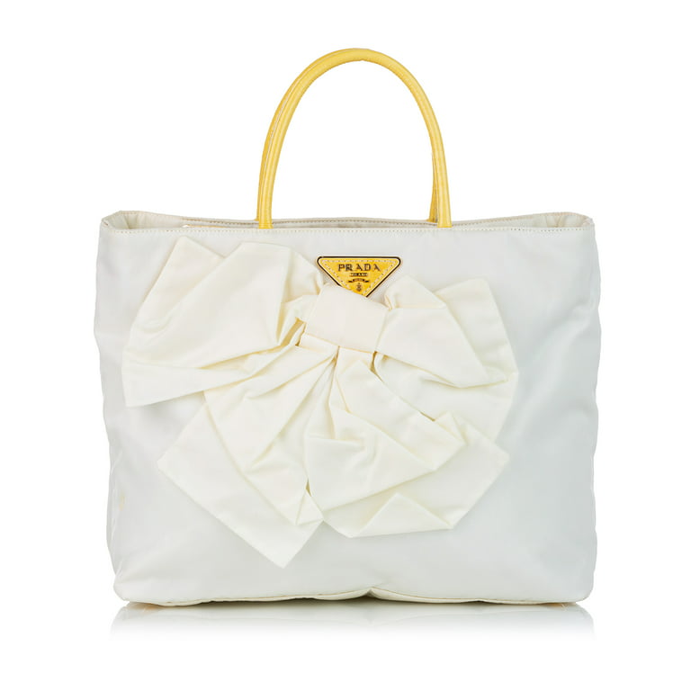 used Women Pre-owned Authenticated Prada Tessuto Bow Tote Bag Nylon Fabric White, Women's, Size: Medium