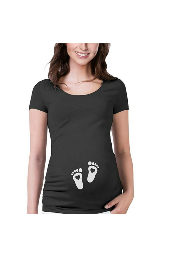 Women Pregnant Clothes Women Maternity Short Sleeve Baby Feet Heart Print T-Shirt Cartoon Graphic Tops