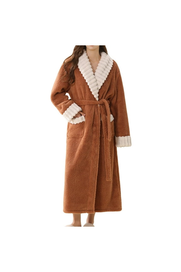 Women Premium Bathrobe Shawl Collar Robe Color Block Pajama Flannels Loungewear Winter Thick Homewear Wool Fleece Night Gowns Open Front Nightshirt Soft Cardigan Nightdress Pocket PJs