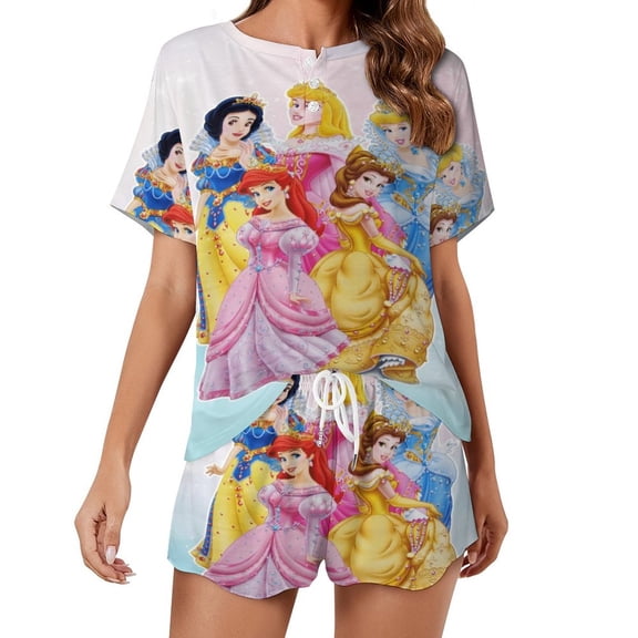 Women Princes Summer Pajamas Set Loungewear Sleepwear Short Sleeve Shirt With Shorts