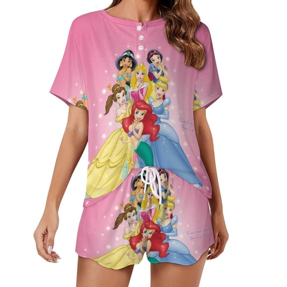 Women Princes Summer Pajamas Set Loungewear Sleepwear Short Sleeve Shirt With Shorts
