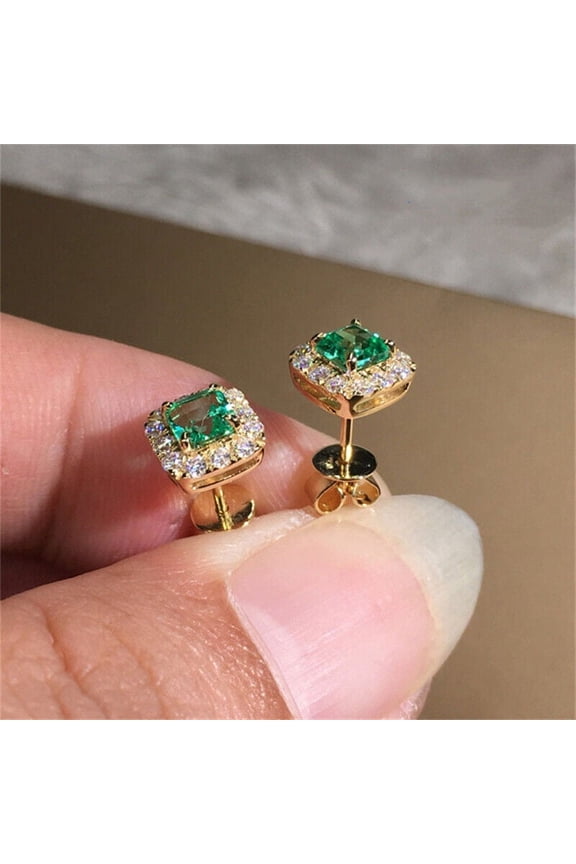Women Princess Cut Emerald & Diamond 14k Yellow Gold Plated Wedding Halo Stud Earring