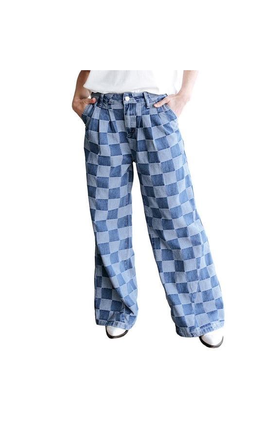 Women Print Baggy Wide Leg Jeans High Waisted Straight Leg Denim Pants Chessboard Pattern Jeans Light Blue 6