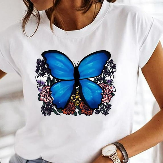 Women Print Butterfly Pattern Crewneck Short Sleeve Tee Shirt Casual Shirts for Women