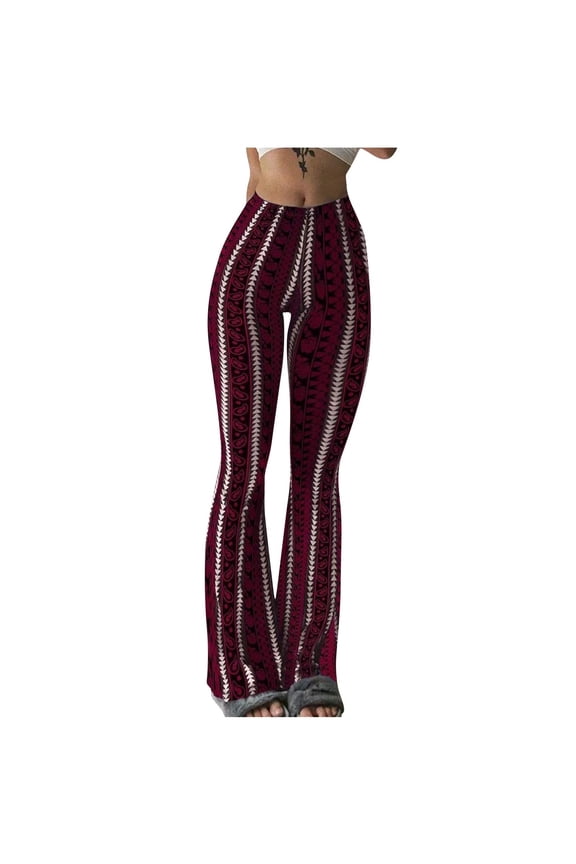 Women Print High Waist Flare Pants Stretchy Tights Yoga Trousers Workout Casual Full Length Boot Cut Pants Streetwear Red S