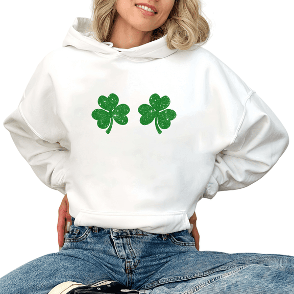 Women Print Hoodie Sweatshirt St Patricks Day Graphic Sweatshirt Double Green Glitter Shamrock Print T shirt Shirts White Tops S-2XL