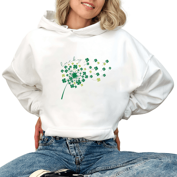 Women Print Hoodie Sweatshirt St Patricks Day Graphic Sweatshirt Lucky Shamrock Dandelion Print T shirt Shirts White Tops S-2XL