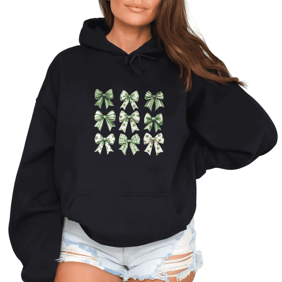 Women Print Hoodie Sweatshirt St Patricks Day Graphic Sweatshirt Plaid Bow Grid Print T shirt Shirts Black Tops S-2XL