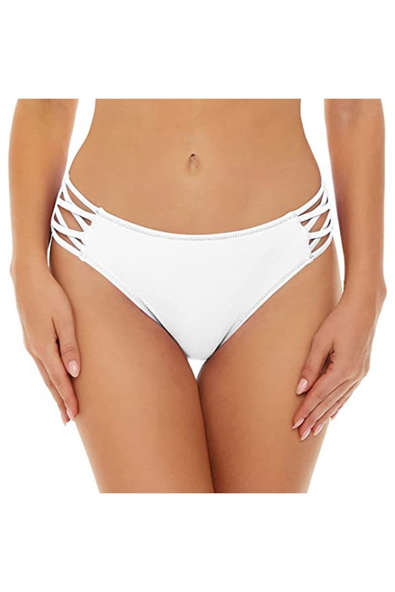 Women Print Low Waist Brazilian Bikini Bottom Swimwear Briefs Beachwear Side Tie Thong Bathing Swimbottom, M, White