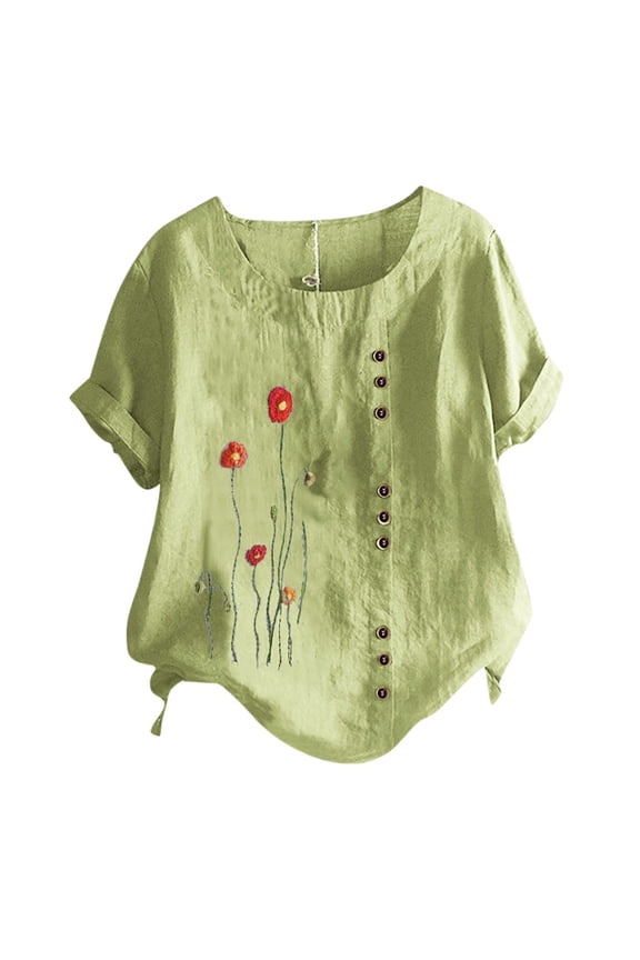 Women Print O-Neck Floral Button Shirt Short Sleeves Top Blouse Pack Shirt Stripe Shirts for Women Lightweight for Women Long Sleeve Tees Women's Tees Women S Long Sleeve Shirt Neck Top for Women