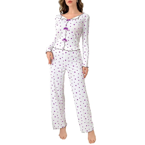 Women Print Ribbed PJ Set Long Sleeve Button Down Pajamas Set Soft Sleepwear Long Pants Set Purple S