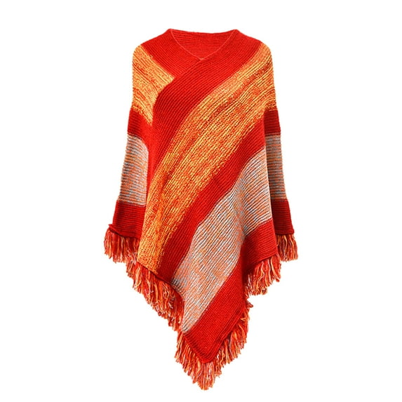 Women Print Splice Poncho With Tassels Knitted Shawl Scarf Fringed Wraps Pashminas Sweater Pullover Cape Gifts For Women Sweater Tassel Hem Shawl Wrap Cloak Christmas Scarfs for Women Lightweight