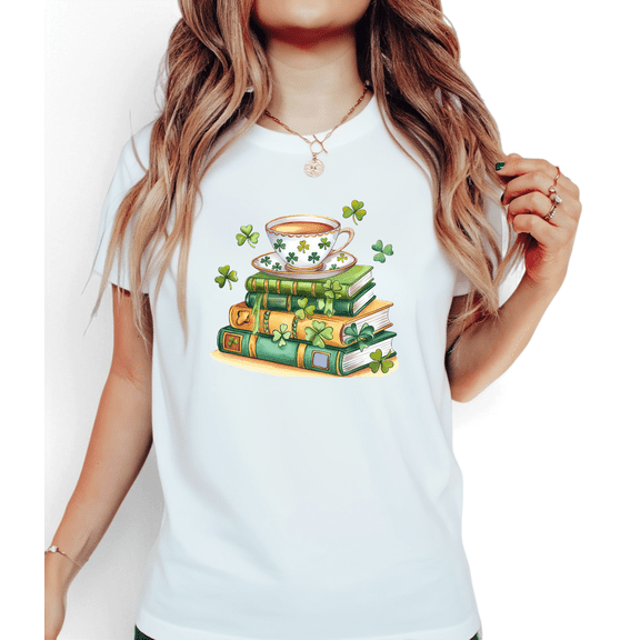 Women Print T shirt Graphic Tees Shirts White St Patricks Day Book Stack Teacup Clover Watercolor Daily Wear Comfortable Tops S-5XL